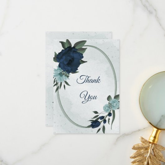 Dusty blue & navvy Blume botanisch Dankeskarte (Vorderseite/Rückseite Beispiel)