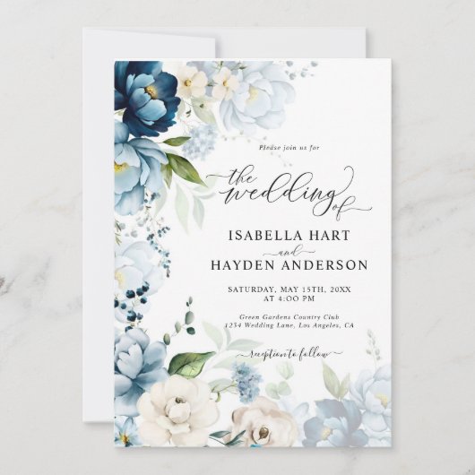 Dusty Blue Navy Beige alle in 1 QR Code Hochzeit Einladung (Vorderseite)