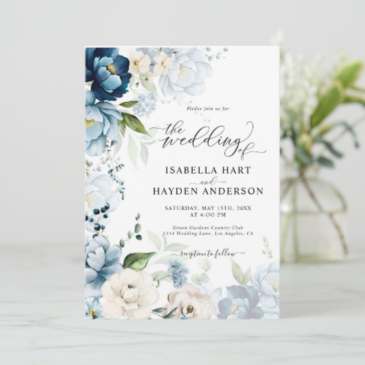 Dusty Blue Navy Beige alle in 1 QR Code Hochzeit Einladung (Stehend Vorderseite)