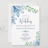 Dusty Blue & Navy Blue Blooms Wedding Einladung (Vorderseite)