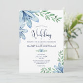 Dusty Blue & Navy Blue Blooms Wedding Einladung (Stehend Vorderseite)