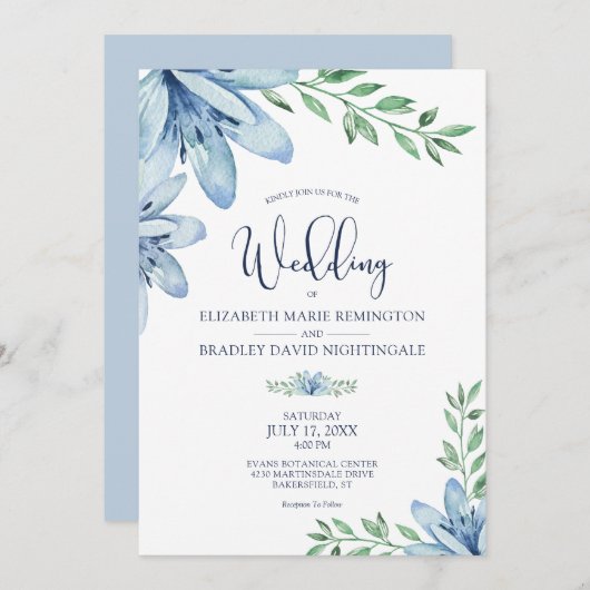Dusty Blue & Navy Blue Blooms Wedding Einladung (Vorne/Hinten)