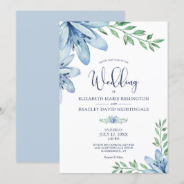 Dusty Blue & Navy Blue Blooms Wedding Einladung