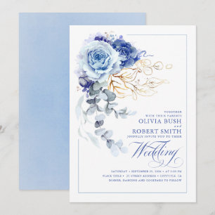 Dusty Blue & Navy Blue Boho Gold Floral Wedding Einladung