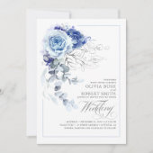 Dusty Blue & Navy Blue Boho Silver Floral Wedding Einladung (Vorderseite)