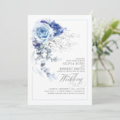 Dusty Blue & Navy Blue Boho Silver Floral Wedding Einladung (Stehend Vorderseite)