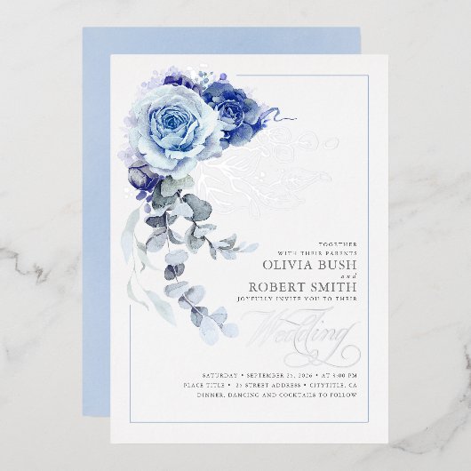 Dusty Blue & Navy Blue Floral Boho Wedding Folieneinladung (Vorderseite/Rückseite)