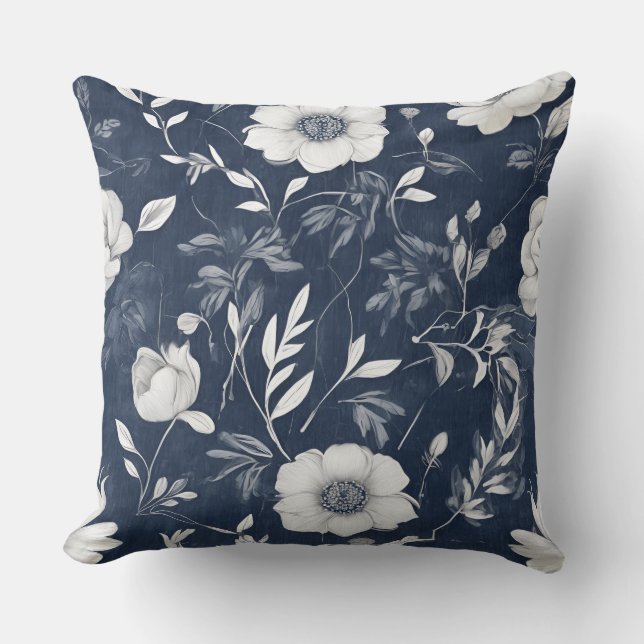 Dusty Blue Navy Blue White Floral Kissen (Vorderseite)
