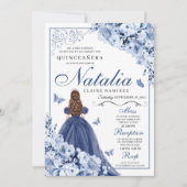 Dusty Blue Navy Blume Tiara Quinceañera Einladung (Vorderseite)