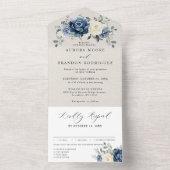 Dusty Blue Navy Champagne Elfenbein BlumenWedding All In One Einladung (Innen Boden)