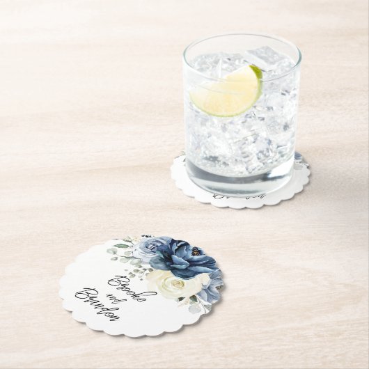 Dusty Blue Navy Champagne Elfenbein Hochzeitspap Untersetzer (Vor Ort)