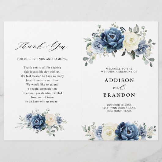 Dusty Blue Navy Champagne Elfenbein Hochzeitsprogr (Vorderseite)