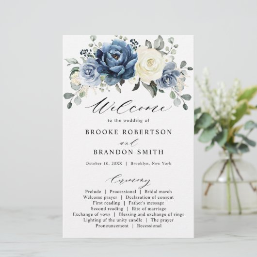 Dusty Blue Navy Champagne Elfenbein Hochzeitsprogr (Stehend Vorderseite)