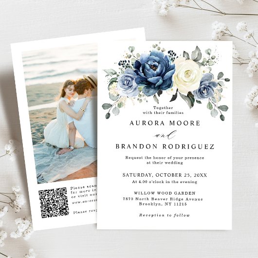 Dusty Blue Navy Champagne Elfenbein QR Code Hochze Einladung