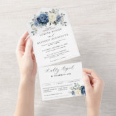 Dusty Blue Navy Champagne Elfenbeinblume Hochzeit All In One Einladung (Abreißen)