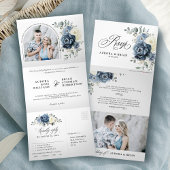 Dusty Blue Navy Champagne Elfenbeinblume Hochzeit Dreifach Gefaltete Ankündigung