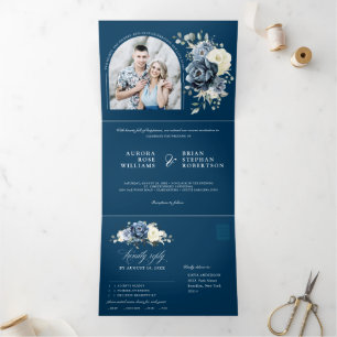 Dusty Blue Navy Champagne Elfenbeinblume Hochzeit Dreifach Gefaltete Ankündigung