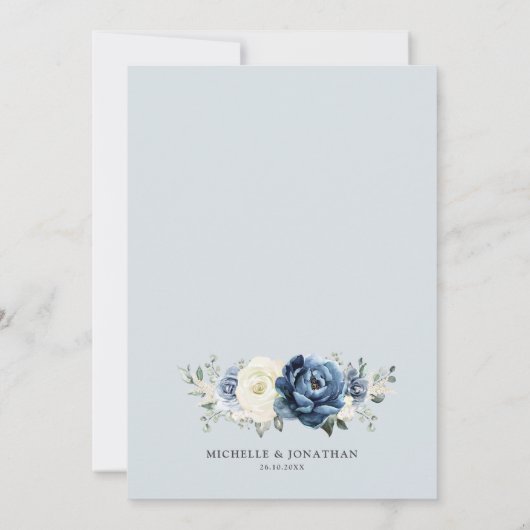 Dusty Blue Navy Champagne Elfenbeinblume Hochzeit Einladung (Rückseite)