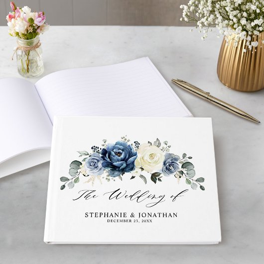 Dusty Blue Navy Champagne Elfenbeinblume Hochzeit Gästebuch