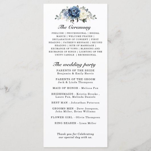 Dusty Blue Navy Champagne Elfenbeinblume Hochzeit Programm (Rückseite)