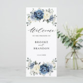 Dusty Blue Navy Champagne Elfenbeinblume Hochzeit Programm (Stehend Vorderseite)