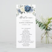 Dusty Blue Navy Champagne Elfenbeinblume Hochzeit Programm (Stehend Vorderseite)
