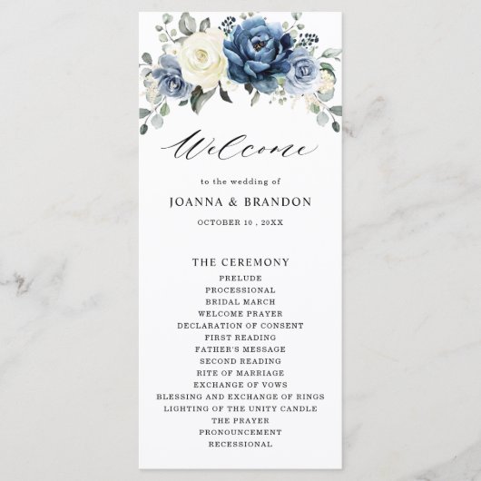 Dusty Blue Navy Champagne Elfenbeinblume Hochzeit Programm (Vorderseite)
