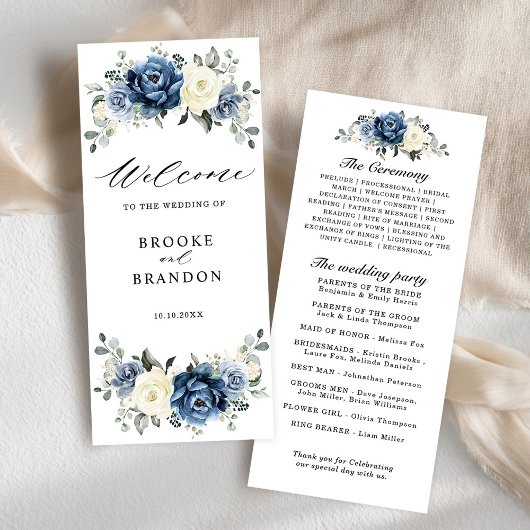 Dusty Blue Navy Champagne Elfenbeinblume Hochzeit Programm