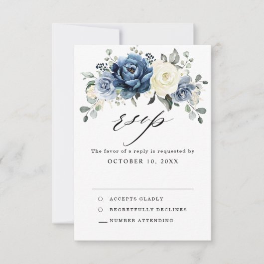 Dusty Blue Navy Champagne Elfenbeinblume Hochzeit RSVP Karte (Vorderseite)