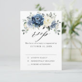 Dusty Blue Navy Champagne Elfenbeinblume Hochzeit RSVP Karte (Stehend Vorderseite)