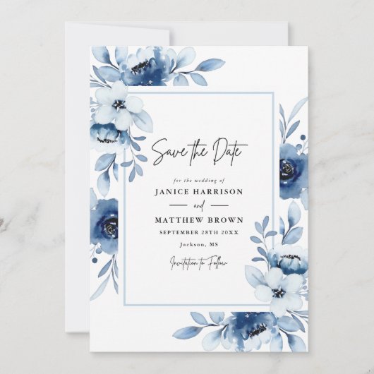 Dusty Blue Navy Champagne Elfenbeinblume Hochzeit Save The Date (Vorderseite)