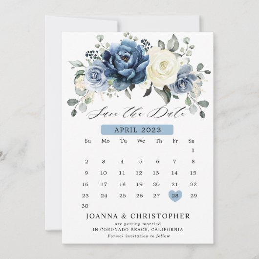 Dusty Blue Navy Champagne Elfenbeinblume Kalender Save The Date (Vorderseite)
