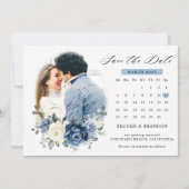 Dusty Blue Navy Champagne Elfenbeinblume Kalender  Save The Date (Vorderseite)
