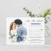Dusty Blue Navy Champagne Elfenbeinblume Kalender  Save The Date (Stehend Vorderseite)