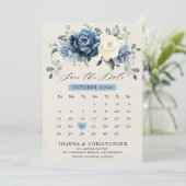 Dusty Blue Navy Champagne Elfenbeinblume Kalender  Save The Date (Stehend Vorderseite)