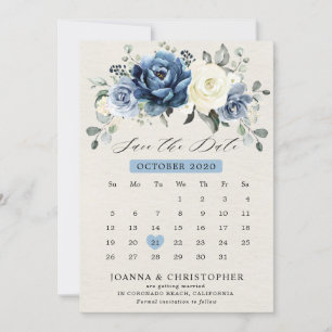 Dusty Blue Navy Champagne Elfenbeinblume Kalender  Save The Date