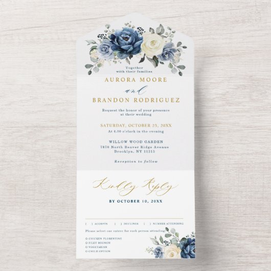 Dusty Blue Navy Champagne Elfenbeingold Hochzeit All In One Einladung (Innen Boden)