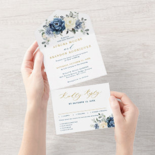 Dusty Blue Navy Champagne Elfenbeingold Hochzeit All In One Einladung