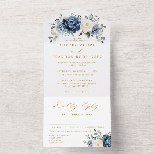 Dusty Blue Navy Champagne Elfenbeingold Hochzeit All In One Einladung (Innen Boden)