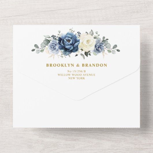 Dusty Blue Navy Champagne Elfenbeingold Hochzeit All In One Einladung (Rückseite)