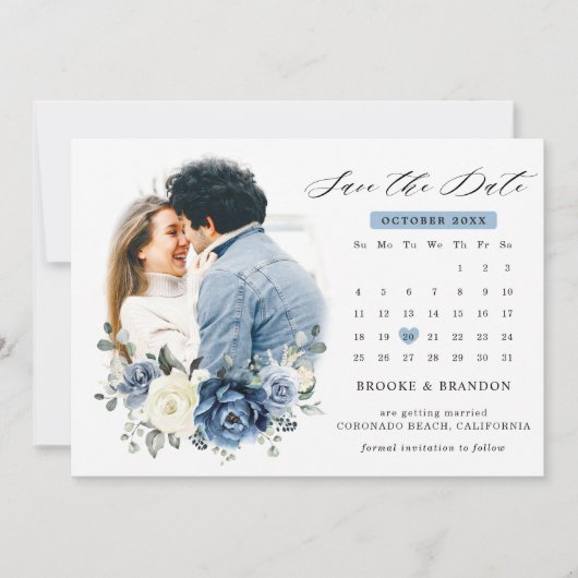 Dusty Blue Navy Champagne Elfenbeinkalender Save The Date (Vorderseite)