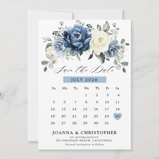 Dusty Blue Navy Champagne Elfenbeinkalender Save The Date (Vorderseite)