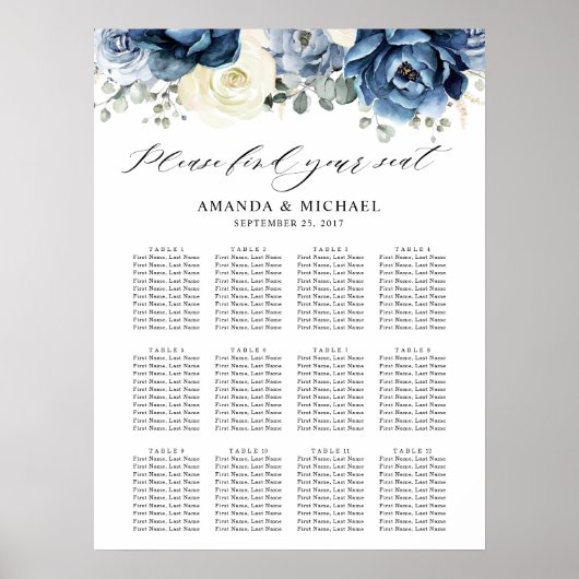 Dusty Blue Navy Champagne Elfenbeinsitzkarte Poster (Vorne)