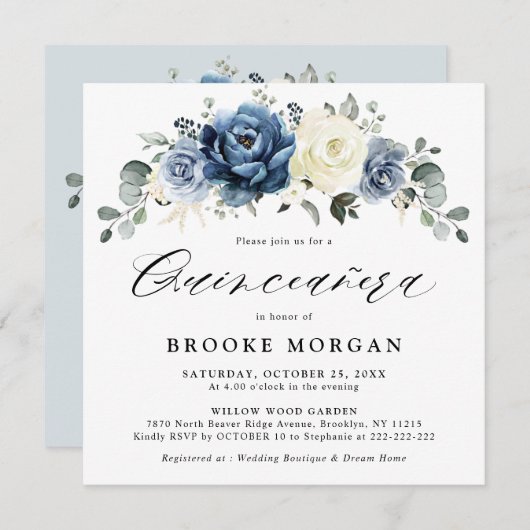 Dusty Blue Navy Champagne Ivory boho Quinceañera Einladung (Vorne/Hinten)