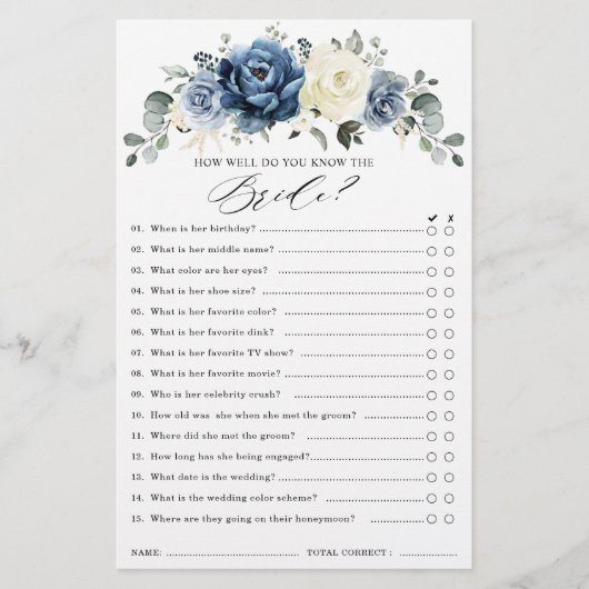 Dusty Blue Navy Champagne Ivory Brautparty Game (Vorderseite)