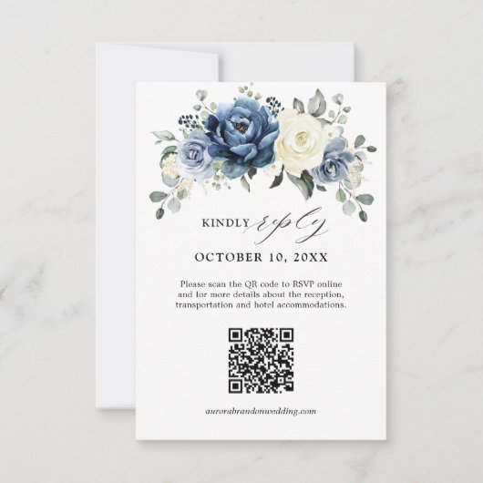Dusty Blue Navy Champagne Ivory Floral QR Code RSVP Karte (Vorderseite)