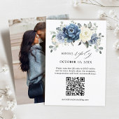 Dusty Blue Navy Champagne Ivory Floral QR Code RSVP Karte