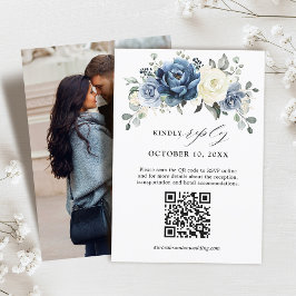 Dusty Blue Navy Champagne Ivory Floral QR Code RSVP Karte