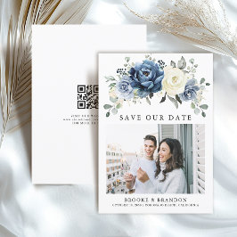 Dusty Blue Navy Champagne Ivory Floral QR Code Save The Date