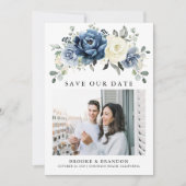 Dusty Blue Navy Champagne Ivory Floral QR Code Save The Date (Vorderseite)